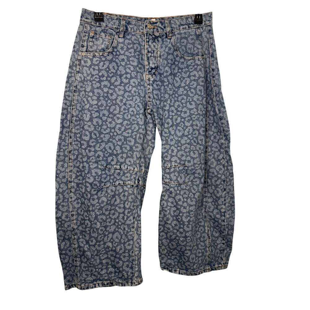 ee:some Leopard Print Barrel Jeans Large Blue Animal High Rise Button Fly